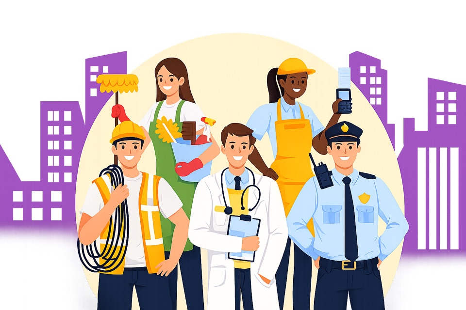 Iloinen WorkMatchApp-kuva eri alojen työntekijöistä